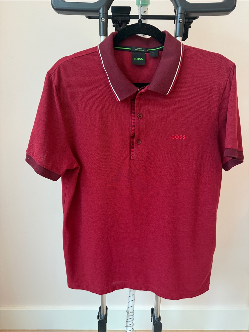 BOSS Men's Burgundy Polo with Contrast Collar Trim